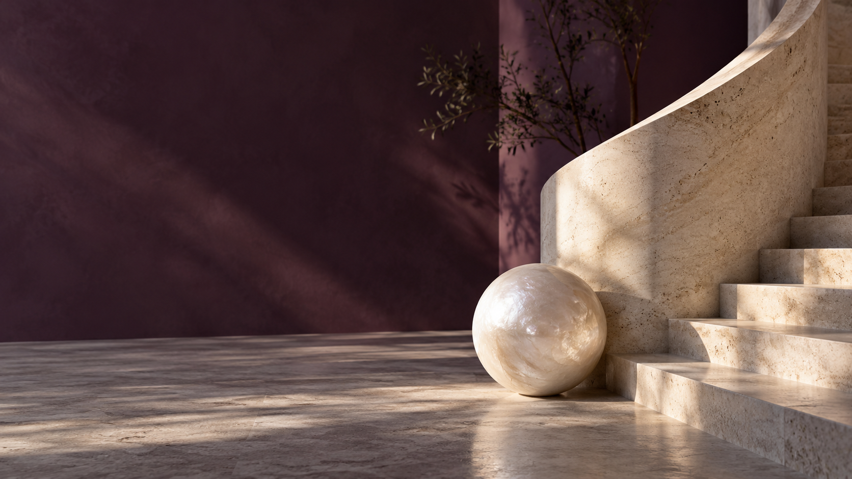 Pearlescent sculpture beside a curved stone stair in soft light